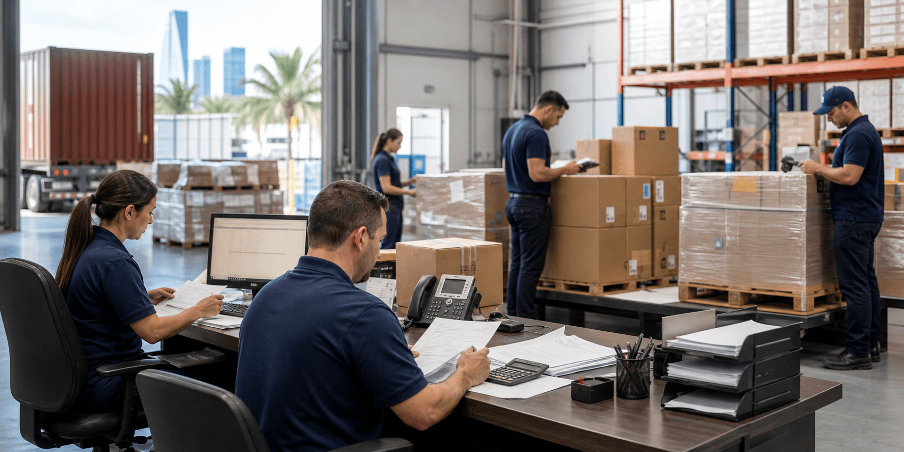 Equipo revisando compras, cajas y documentos logísticos
